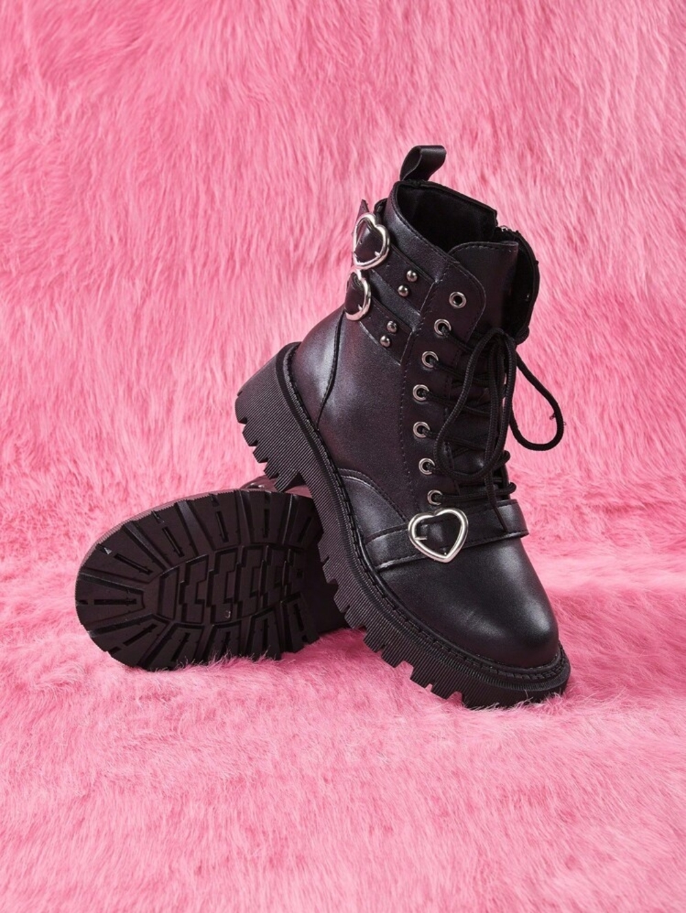 Black Faux Leather Zip and Lace-Up Combat Style Boots with Heart Buckles